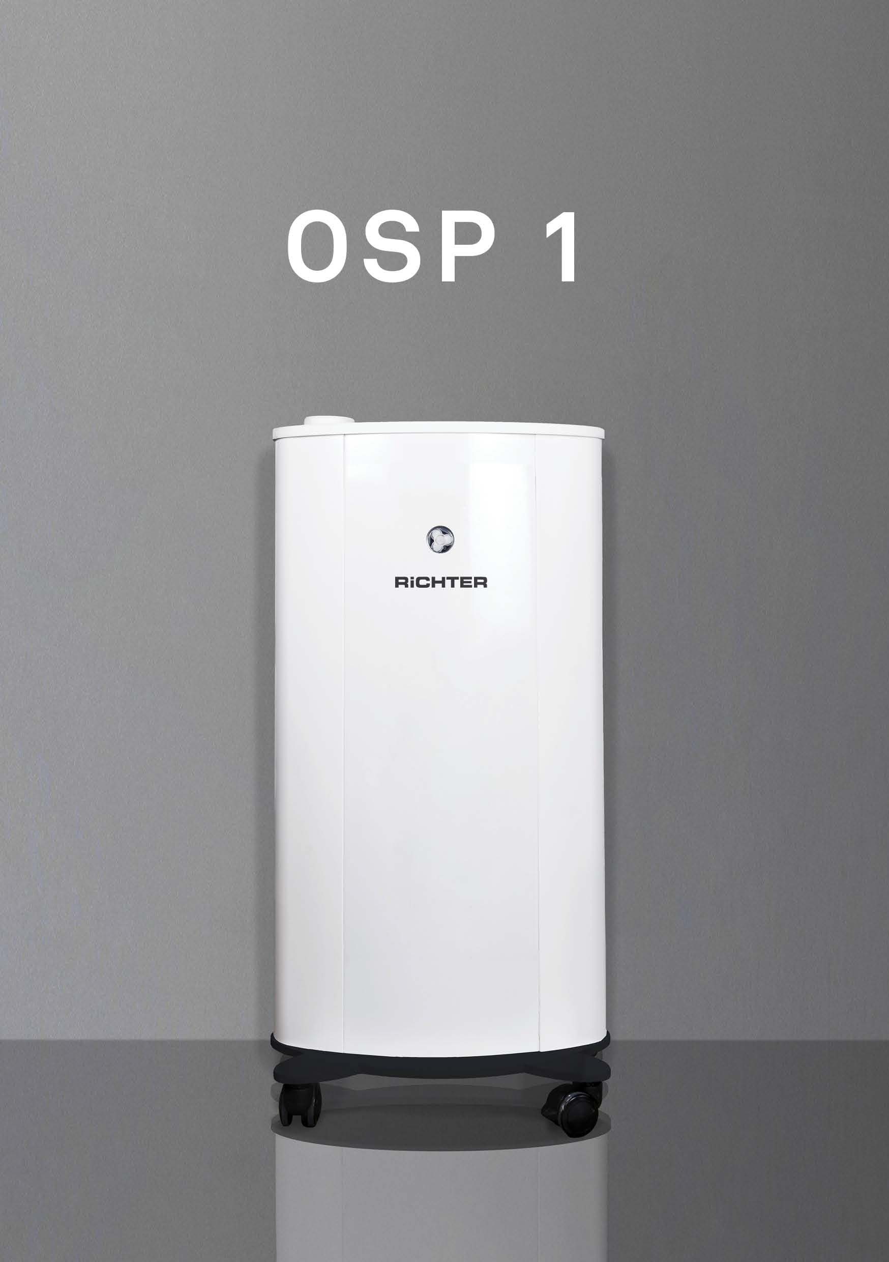 white OSP1 aircleaner next to a gray wall